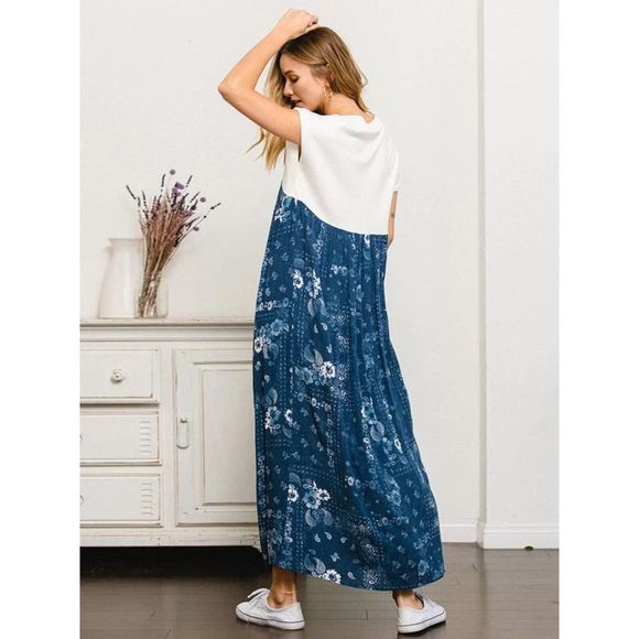 Blue Short Sleeve Floral Colorblock Maxi Dress - Picture 3 of 4